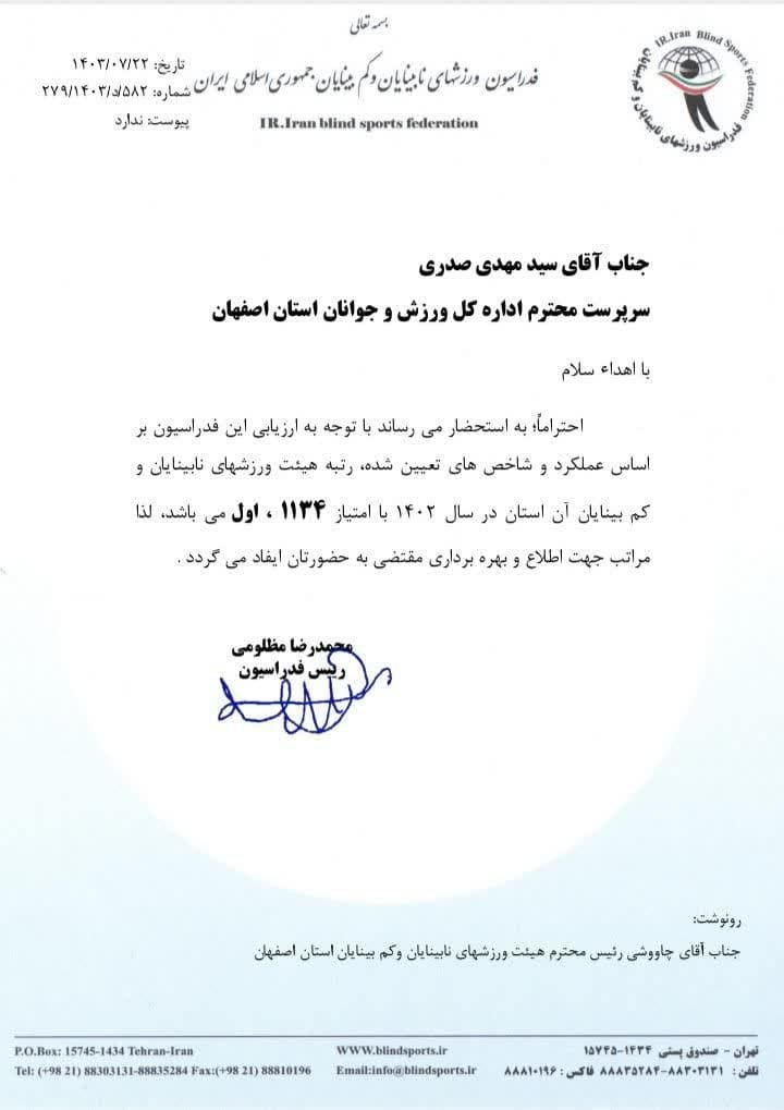کسب رتبه اول هیات با 1134 امتیاز